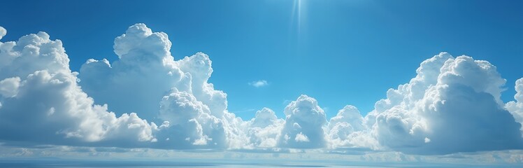 Aufkleber - Panoramic view of a blue sky with cumulus clouds. White fluffy clouds float, light radiates in sky. Serene atmosphere, perfect weather for vacation, travel, background, nature scene.