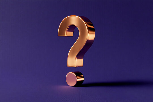 Copper question mark on purple textured background Mockup Free space for text or logo Design element for website or banner