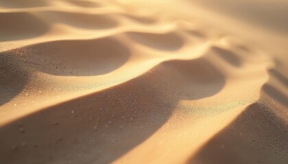 Poster - Close-up photo sand dunes wavy pattern under sunlight. Beige, brown tones create soft textures. Desert landscape, natural environment with wind erosion. Perfect background image for travel, vacation,