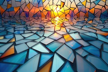 Poster - colorful, geometric mosaic floor reflecting a sunset.