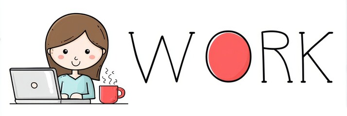 Poster - Woman Working on Laptop with Coffee - Cartoon illustration of a woman working on her laptop with a cup of coffee. Simple, clean design