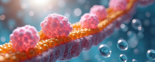 Poster - Molecular model of bacterial cell membrane. Phospholipid bilayers and protein structures illustration. Biology, science, research, cellular, study, education, teaching. Microscopic view.