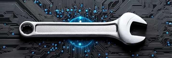 Poster - Wrench on Circuit Board: Tech Repair Solution - A silver wrench lies on a dark circuit board, symbolizing computer repair, tech support, and problem-solving. Clean, professional