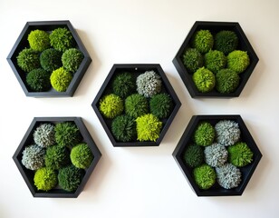 Poster - Decorative preserved reindeer moss in hexagonal frames. Green, grey colors. Modern interior decor element for eco-friendly interior, wall decoration, home, office. Nature inspired decor. Abstract