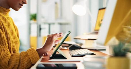 Fototapete - Hands, tablet and typing with creative person closeup in office for administration or business. App, graphic design and planning with startup employee at desk in workplace for project development