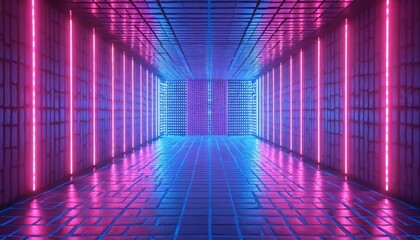 Aufkleber - 3D render of futuristic club or disco space. Neon lights illumination creating vibrant atmosphere. Empty room, perfect backdrop for entertainment, parties. Nightlife, events, music, dance.
