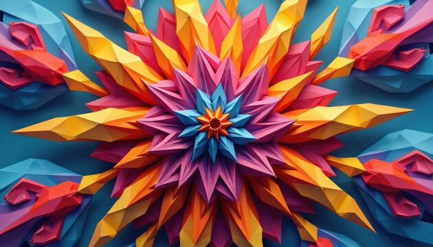 Vibrant kaleidoscopic geometric abstract digital art. Explosion of colorful shapes textures. Modern creative design. Dynamic radiant fractal mosaic. Bright, high-colored fractal illustration for