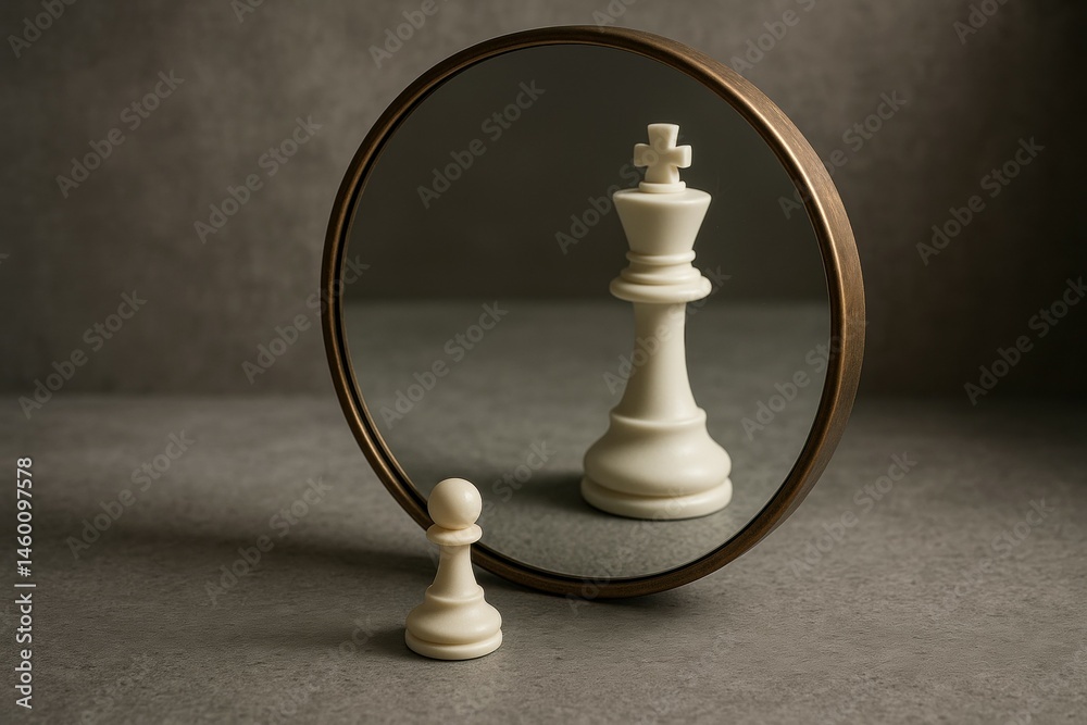 Chess pawn facing round mirror with its reflection showing a king piece ...