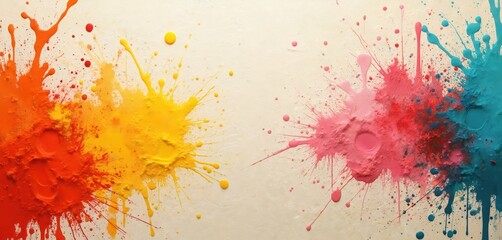 Aufkleber - Abstract paint splatter illustration. Vibrant splashes of primary colors on textured surface. Dynamic composition for graphic design, modern artistic background. Creative burst colorful drops, brush