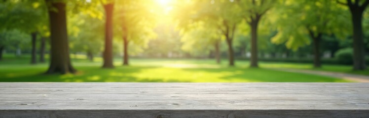 Poster - Empty wooden table top with blurred green tree background. Sunny day, park, garden, nature scene for product display. Rustic plank board, fresh organic eco space.