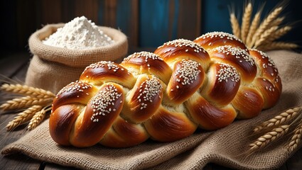 Poster - A loaf of bread with sesame seeds on top, placed next to a bowl of flour.