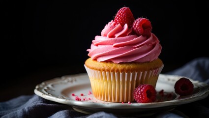 Poster - A cupcake on a plate with raspberries on top, sitting on a tablecloth.