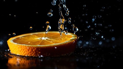 Fototapete - A slice of orange being squeezed, releasing droplets of juice.