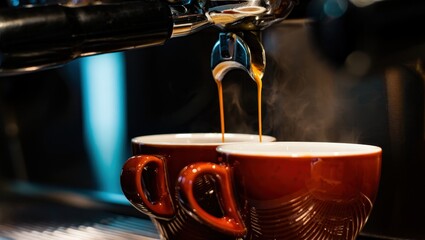 Poster - Two cups of coffee being filled by an espresso machine.