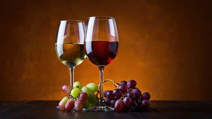 Poster - Two wine glasses filled with red wine, surrounded by bunches of red grapes on a table.