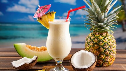 Aufkleber - A tropical drink with a straw, served on a table with fresh fruits including pineapple, coconut, and melon.