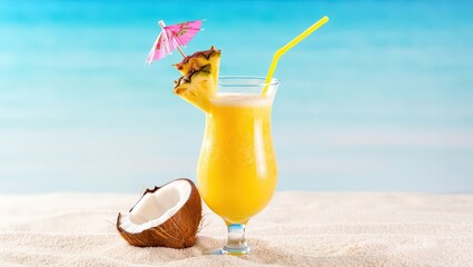 Aufkleber - A tropical drink with a straw and a slice of pineapple on the rim, sitting on a sandy beach under a clear blue sky.