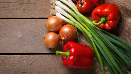 Poster - A wooden table with a variety of fresh vegetables on it, including tomatoes, onions, garlic, and asparagus.