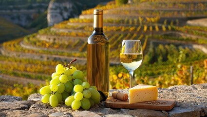 Poster - Bottle of wine, glass of wine, cheese, grapes on stone wall overlooking vineyard.