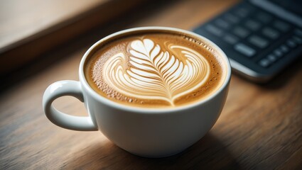 Poster - A cup of coffee with latte art on the surface.