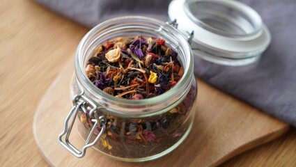 Aufkleber - A glass jar filled with various spices and herbs, including cinnamon sticks and lavender flowers, sitting on a wooden surface.