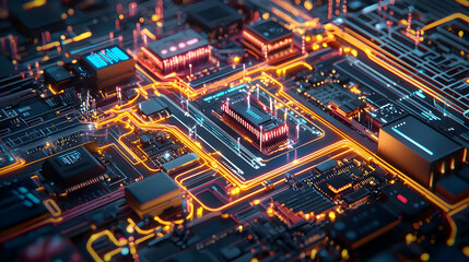 Fototapete - Abstract Circuit Board Design With Glowing Connections