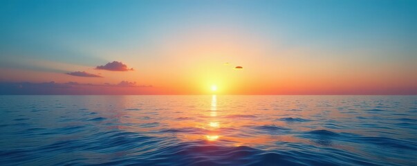 Wall Mural - serene sunset, calm blue sea, clear sky, tranquil ocean , dusk, holiday
