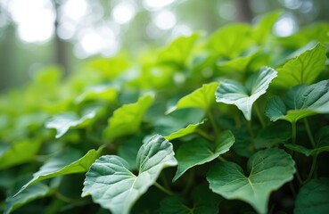 Poster - Vibrant close-up photo thickets kudzu. Rich green leaves. Natural textures, abstract shapes. Fresh, healthy, organic growth in wild nature. Ideal for eco projects, food, cosmetics, gardening blogs.
