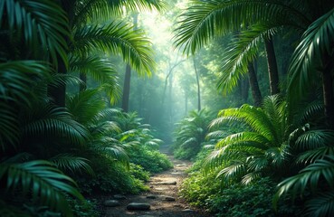 Poster - Path leads through tropical rainforest. Rich green foliage, palm trees, sunlight filters through creating dreamy atmosphere. Natural beauty, serene landscape evokes sense of peace for eco travel spa,