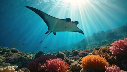 Aufkleber - Manta ray gracefully glides over vibrant coral reef. Sunlight rays illuminate underwater scene. Marine life, aquatic animal swims freely in ocean, diverse ecosystem. Sea creature habitat, marine life