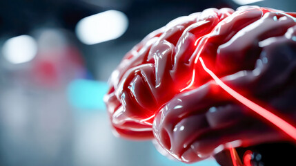 Poster - Glossy red neural brain model with glowing lines, representing artificial intelligence and futuristic technology concepts