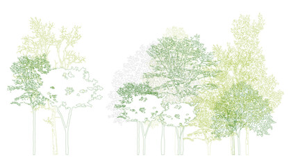 Aufkleber - Architectural Drawings, Minimal style cad tree line drawing, Side view, set of section wildlife forest outline symbol for landscape design drawing. Vector illustration in stroke fill in white.