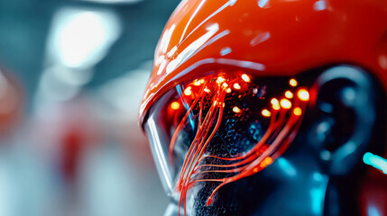Poster - Futuristic robotic helmet with glowing fiber optic cables and red visor, representing advanced cybernetic intelligence