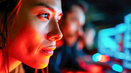 Poster - Focused woman illuminated by red light coding on a computer screen in a dark room, symbolizing modern programming and technology