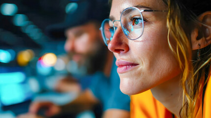 Poster - Concentrated young woman wearing glasses, working with digital data in a modern office with bokeh background