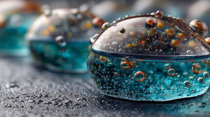 Poster - Abstract close-up of liquid gel drops and air bubbles on vibrant blue surface, vivid and artistic texture