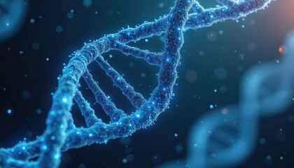Aufkleber - DNA double helix strand closeup. Science, medical, genetic engineering, research concept. Microbiology, biotechnology. Human genome, cell biology. Blue neon light, bokeh on dark background.