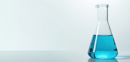 Poster - Erlenmeyer flask with blue liquid isolated on white background. Glassware in lab. Chemistry experiment research, analysis, medicine. Technology industry concept.