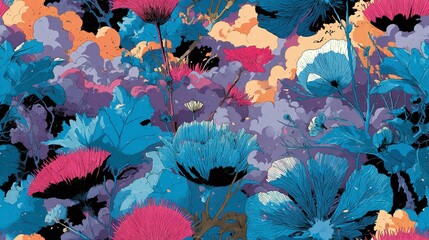 Wall Mural - Colorful flowers in a field with blue pink orange purple and black hues.
