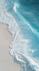 Poster - White foam wave on light sand beach, turquoise water background, evokes serenity, calmness, summer vacation, travel