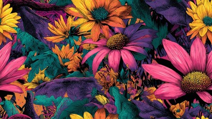 Wall Mural - Colorful flowers and leaves create a vibrant and abstract floral background pattern.