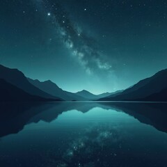 Aufkleber - Night landscape dark mountains reflected in still water. Starry sky above lake, Milky Way visible. Illustration represents nature, astronomy, beauty of night, peace, quiet. Ideal for travel, tourism,