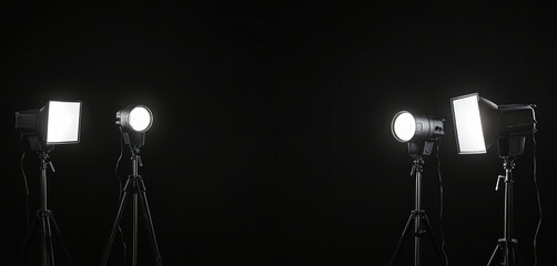 Aufkleber - Pro photography studio equipment with spotlights on stands. Flash, strobe lights illuminating black background. Lighting gear, tool for photoshoots, film, video production. Studio setup for image