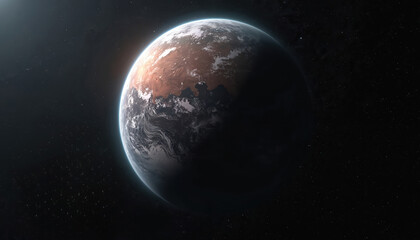 Aufkleber - Realistic exoplanet in deep space illustration. Alien planet surface with continents, atmosphere, and stars. Faraway cosmic body potentially habitable. Science, exploration, discovery themes.