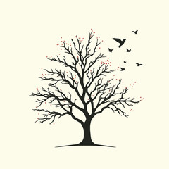 bare tree with sparse blossoms and flying birds silhouette