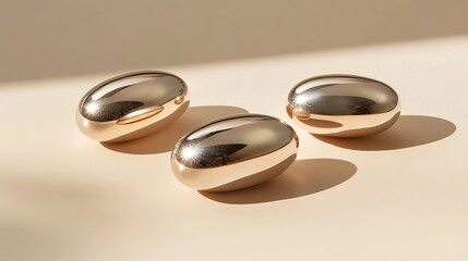 Poster - Elegant Gold Metallic Oval Stones Abstract Minimalist Modern Design Background Texture Shiny Reflective Luxury Smooth Surface Three Objects Still Life Light Shadow Beige art spa zen calm    