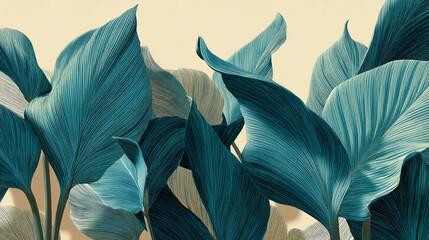 Poster - Teal textured leaves close-up, creating a lush, flowing pattern against a beige background, showcasing natural elegance and serenity, ideal for design or decor