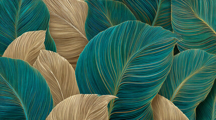 Aufkleber - Teal and beige leaf texture graphic, lined pattern, overlapping leaves creating depth and visual interest, showcasing nature's elegant design, ideal for background use