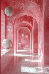 Poster - Elegant abstract pink and white interior with floating glass spheres