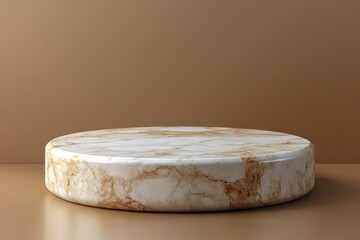 Poster - Minimalist white round podium against a soft brown textured background